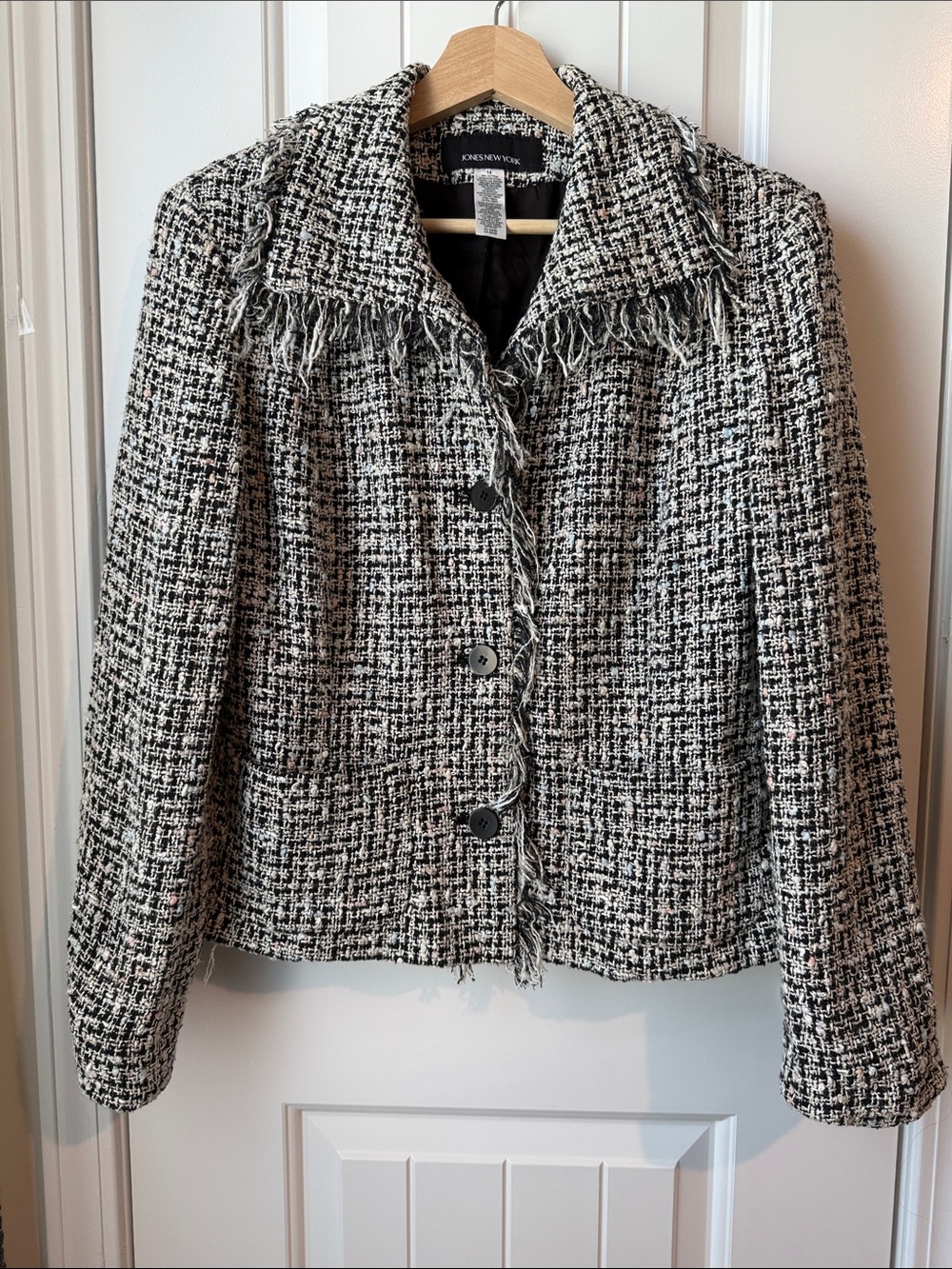 Jones New York Black and White Tweed Fringe-Trim Jacket